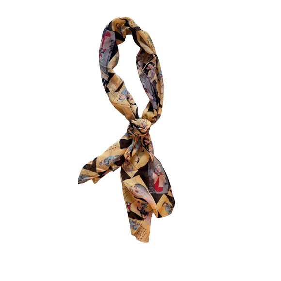 Accessories - Scarf Figurative Calligraphy Print Sheer Oblong Lightweight Tan Black Wrap
